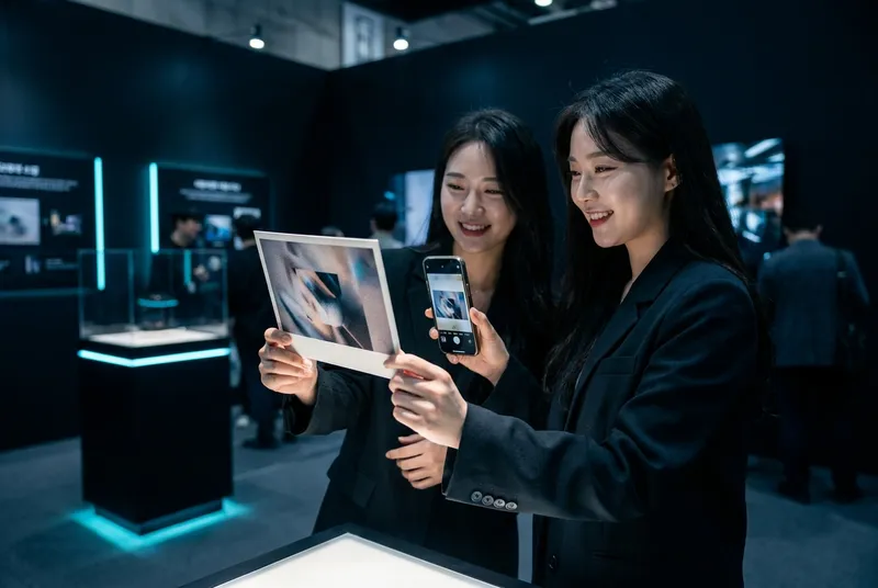 방문자가 포토카드의 QR 코드를 스마트폰으로 스캔해 작품을 전송받는 장면