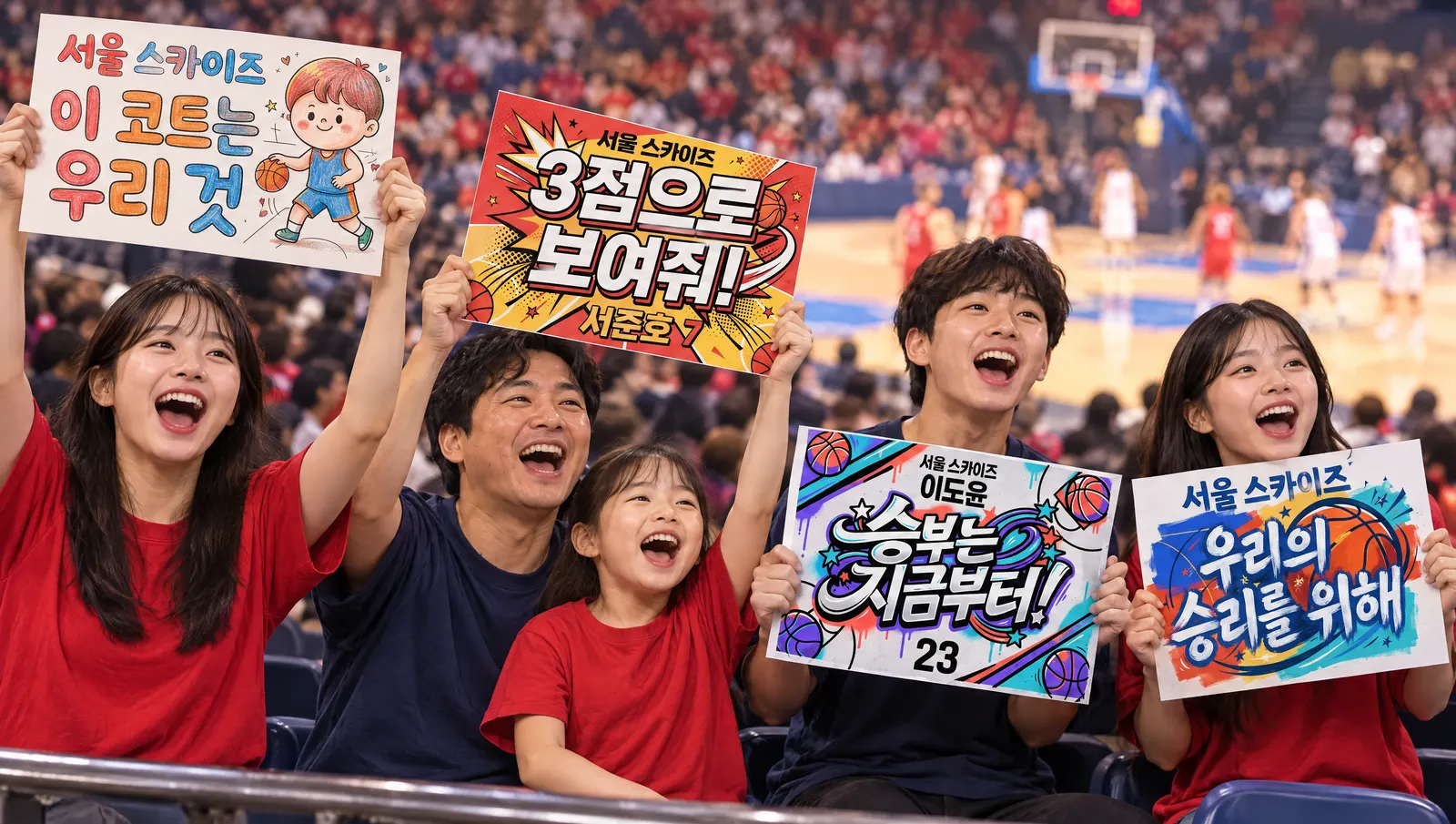 농구 경기장 관중석에서 AI 치어풀을 들고 응원하는 관중들 (콘셉트 시안)
