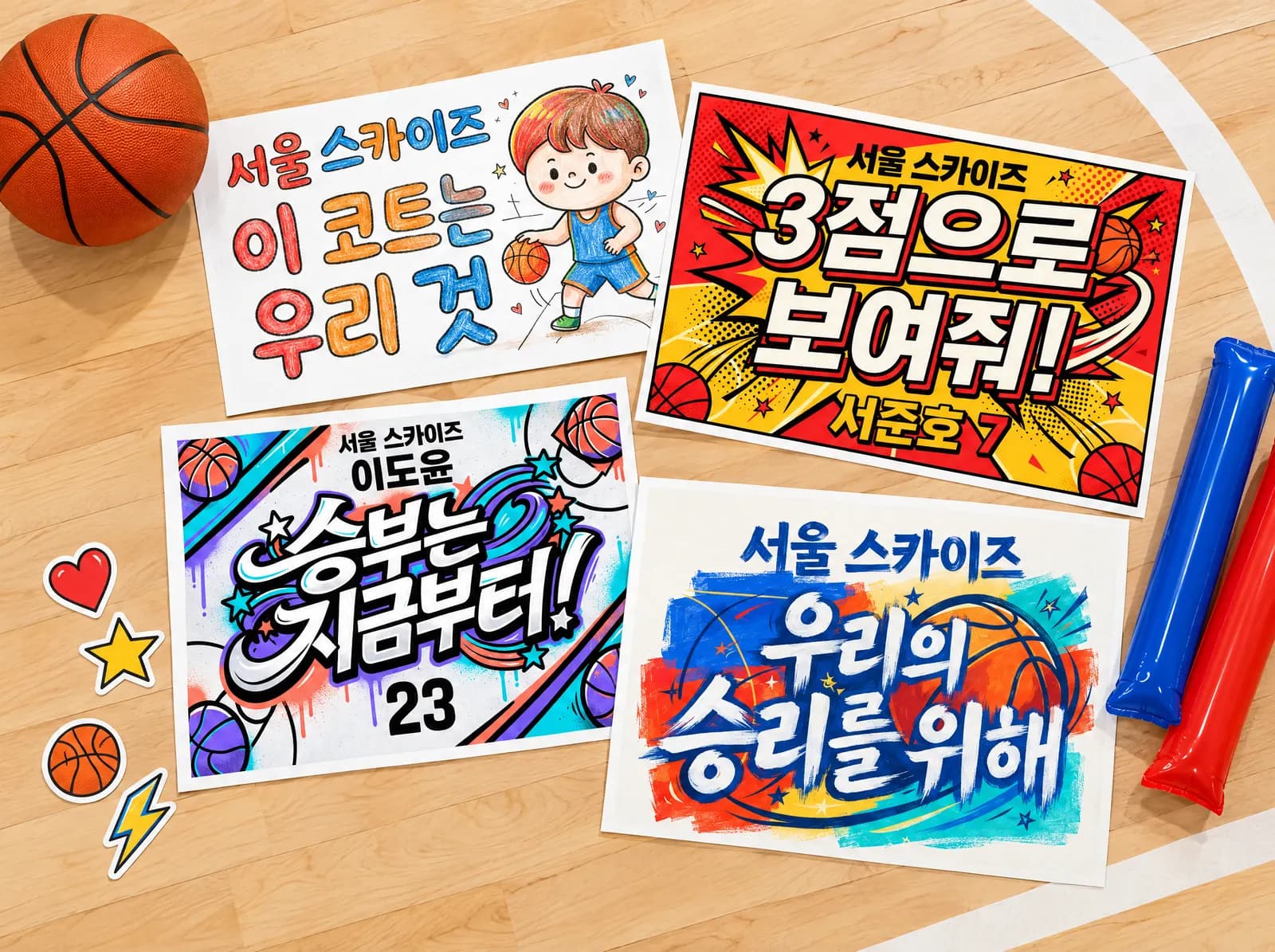 손그림·포스터·그래피티·캔버스 스타일 A3 치어풀 4장 (가상 구단 예시)